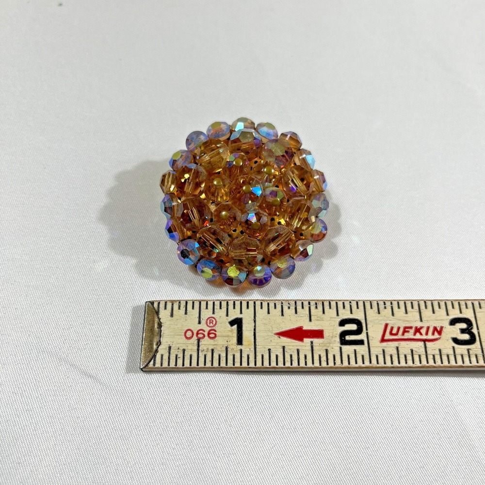 Vintage Amber Aurora Borealis Glass Bead Cluster Brooch Gold Tone Whimsygoth 1" - Picture 3 of 4